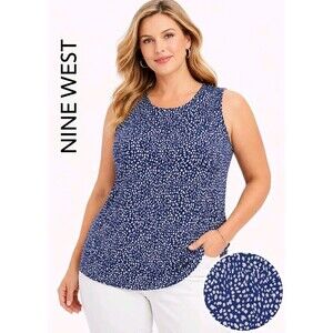 NINE WEST Women XXL Soft Spun Abstract Dots Sleeveless Stretch Tank Top Navy Tan